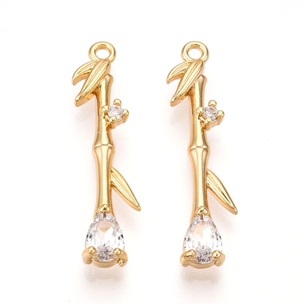 4858 10 pcs Golden Color Bamboo Theme Brass Cubic Zirconia Charms Plant